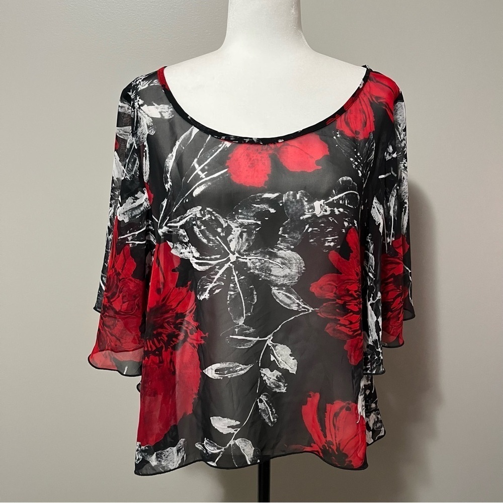 Joseph Ribkoff Sheer Floral Flutter Sleeve Poncho Top
